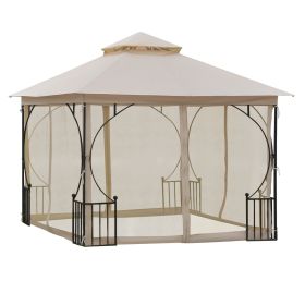 10' x 10' Patio Gazebo, Double Roof Outdoor Gazebo Canopy Shelter with Netting, Steel Corner Frame for Garden, Lawn, Backyard and Deck, Beige