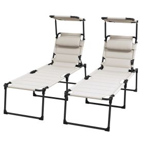2 Pcs Outdoor Lounge Chair, 4 Position Adjustable Backrest, Folding, Cushioned w/ Sun Shade Roof & Pillow, Cream White