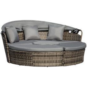 4-Piece Round Convertible Daybed with Cushions, Outdoor PE Rattan Patio Wicker Sofa Set, Sunbed with Adjustable Sun Canopy, Sectional Sofa, 2 Ch