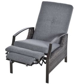 Outdoor Recliner Chair, Reclining Patio Lounge Chair with Comfy Cushions, Footrest, Armrests, PE Wicker for Balcony, Porch, Grey