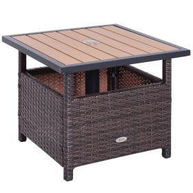 22" Outdoor Side Table with Umbrella Hole, Rattan Wicker End Table with Sand Bag and Steel Frame for Outdoor, Patio, Garden, Backyard, Brown & L