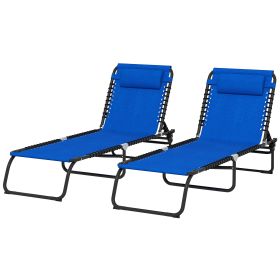 2 Folding Chaise Lounge Pool Chairs with 4-Position Reclining Back, Pillow, Breathable Mesh & Bungee Seat, Blue