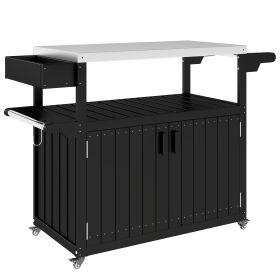 Outdoor Bar Cart with Storage, Stainless Steel Outdoor Bar Table Top, Wheeled HDPE Kitchen Island for Food Prep, Black
