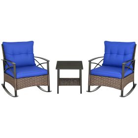 3 Piece Patio Rocking Chair Set, Outdoor Wicker Bistro Set with 2 Oversize Cushioned Porch Rockers and 2 Tier Coffee Table for Garden, Porch, Ba
