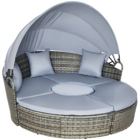 4 Piece Round Rattan Daybed, Convertible Patio Furniture Set, Adjustable Sun Canopy, Sectional Outdoor Sofa, 2 Chairs, Extending Tea Table Ottom