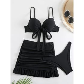 Black( M )Women's 3 Pieces Tie Front Push Up Bikini Swimsuit With Ruched Ruffle Hem Beach Skirt (Option: default)