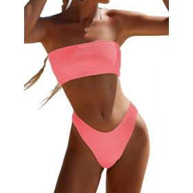 New Solid Color Snake Cloth Tube Top High Waist Bikini Sexy Swimsuit Swimwear (Option: Coral Pink-XL)