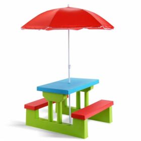 Children Outdoor Picnic Table Set With Foldable UV Protection Umbrella, Lightweight PP Kids Activity Table For Playing Eating -Green (Option: defaulttitle)