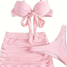 ( M )Bikini Pink M 3pack Plain Knot Front Push Up Bikini Swimsuit Ruched Beach Skirt (Option: default)