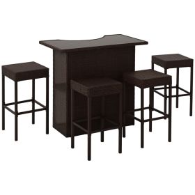 5 Piece Wicker Outdoor Bar Set, High Top Outdoor Table and Chairs, Bar Height Patio Set with Glass Table Top 2 Tier Storage Shelf and 4 Bar Stoo (Option: Brown-800x400x425 mm)