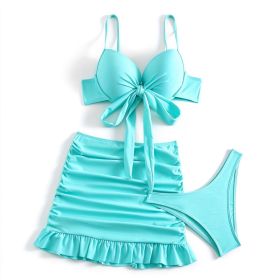 3 Pack Women 3 Piece Bikini Sets, Knot Front Push Up Padded Bikini Top, Ruched Ruffle High Waist Swim Skirt Bathing Suits (Option: Biue-S)