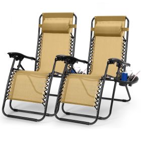 2Packs Zero Gravity Lounge Chair With Dual Side Tray Stress Relief Pillow 330lbs Max Load Per Chair Foldable For Patio Poolside Beach Fedex Shipp (Option: Beige)
