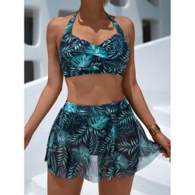 Women's Tropical Leaf 3-Piece Swimsuit, Halter Twist Front Bikini Top & Mesh Skirt Bottom, Modest Tankini Set (Option: XL)
