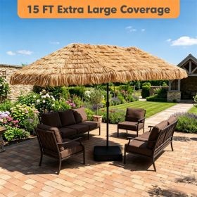 15 x 9 FT  Double-Sided Solar LED Patio Umbrella, 144 LEDs 12 Modes Outdoor Thatch Umbrella with Type-C Charging & Weighted Base (Option: 32122142)