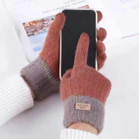 Winter Mittens Brown Striped Embroidered Warm Cycling Spot Universal Cartoon Gloves Ins (Option: Brown)
