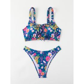 Women's Floral Print Bralette Bikini Set, Ruched Shoulder Straps & Front Tie Top, High Cut Cheeky Bottom 2 Piece Swimsuit (Option: XL)