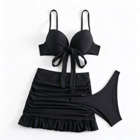 3 Pack Women 3 Piece Bikini Sets, Knot Front Push Up Padded Bikini Top, Ruched Ruffle High Waist Swim Skirt Bathing Suits (Option: Black-S)