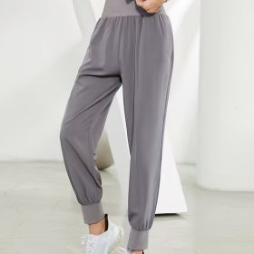 Solid Color High Waist Yoga Fitness Cropped Pants, Breasted Waist Straps Sports Jogging Pants, Women's Activewear (Color: GREY, size: L(8/10))