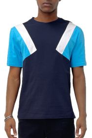 Color Block Short Sleeve Tshirt (Color: NAVY WHITE LIGHT BLUE, size: L)
