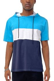 SOLID COLOR BLOCK SHORT SLEEVE HOODIE (Color: LIGHTBLUE WHITE NAVY, size: 2XL)