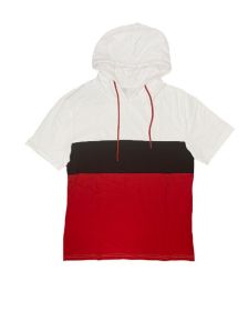 SOLID COLOR BLOCK SHORT SLEEVE HOODIE (Color: WHITE BLACK RED, size: XL)