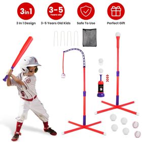 3-In-1 Baseball Toy Set For 3-5Years Old Kids And Toddlers Includes Tee Ball Stand Hanging Tee Automatic Ball Launcher with Adjustable Height For (Color: Red)