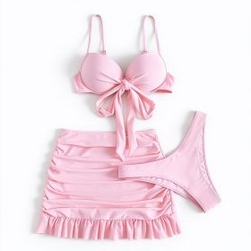 3 Pack Women 3 Piece Bikini Sets, Knot Front Push Up Padded Bikini Top, Ruched Ruffle High Waist Swim Skirt Bathing Suits (Option: Pink-L)