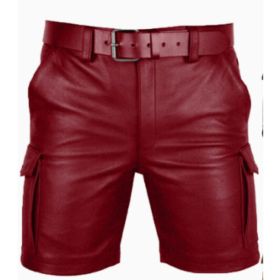 New Product Best-selling Hot Sale Solid Color PU Casual Men's Short Leather Pants Shorts (Option: Red-XXXL)