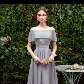 Bridesmaid Long Gray Bridesmaid Sisters Wedding Slimming Off-shoulder Banquet Dress (Option: Gray B-S)