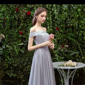 Bridesmaid Long Gray Bridesmaid Sisters Wedding Slimming Off-shoulder Banquet Dress (Option: Gray F-S)